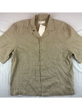 NWT Zara Men's Short Sleeve Linen Button Front Shirt Beige Size M